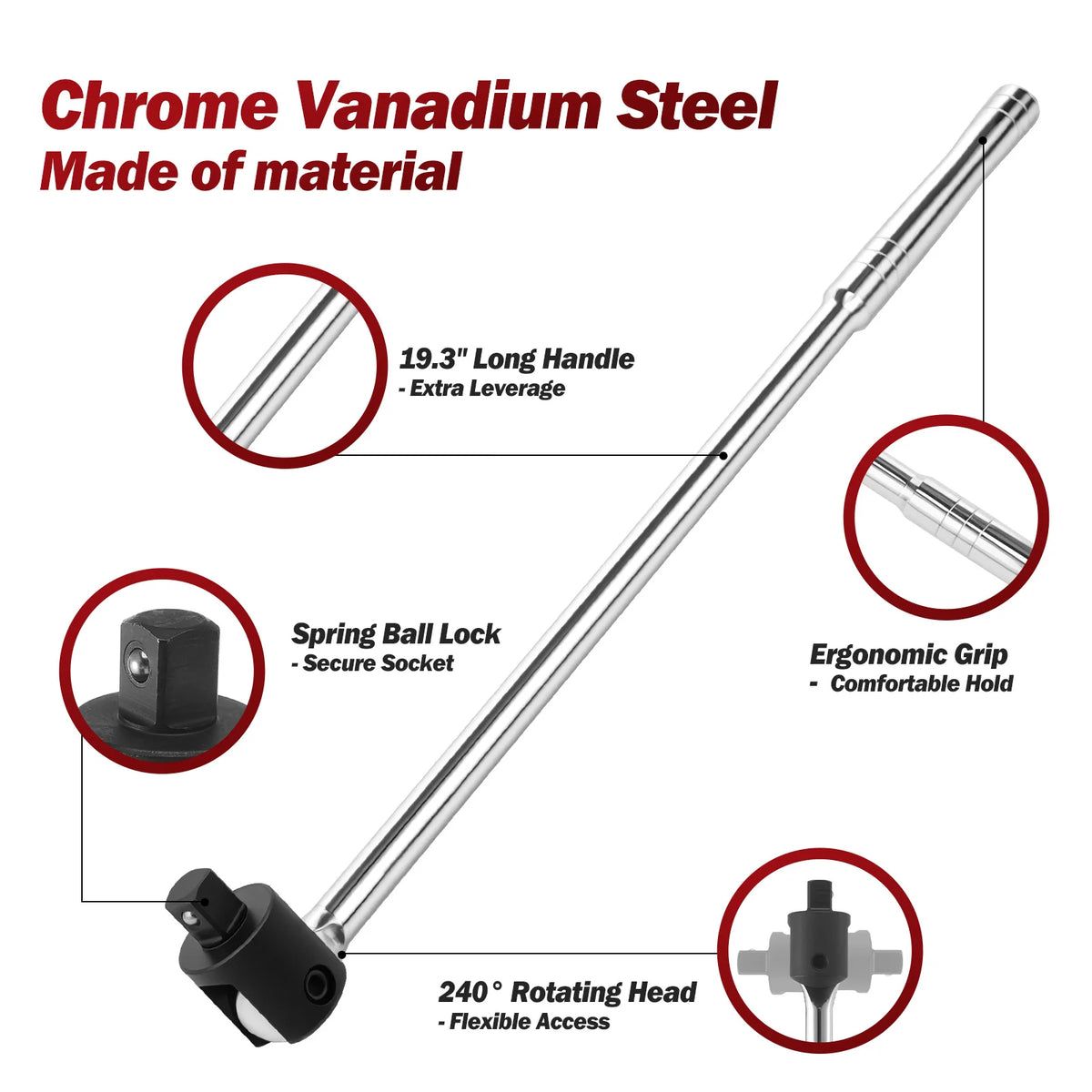 1/2" Drive Breaker Bar 19.3" Chrome Vanadium 240° Swivel Head Breaker Bar Wrench Richie's