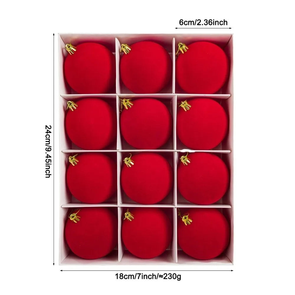 12pcs Flocked Christmas Ball Ornaments Vintage 6cm Set Christmas Ball Ornaments Richie's Red