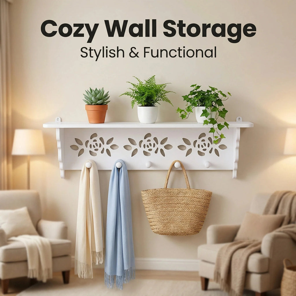 Floral Carved Wall Mount Coat Rack with Shelf & 5 Hooks Wall Mount Coat Rack Richie's