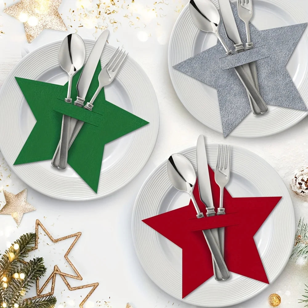 12pcs Christmas Star Felt Table Mats & Cutlery Bag Set Christmas Table Mats Richie's