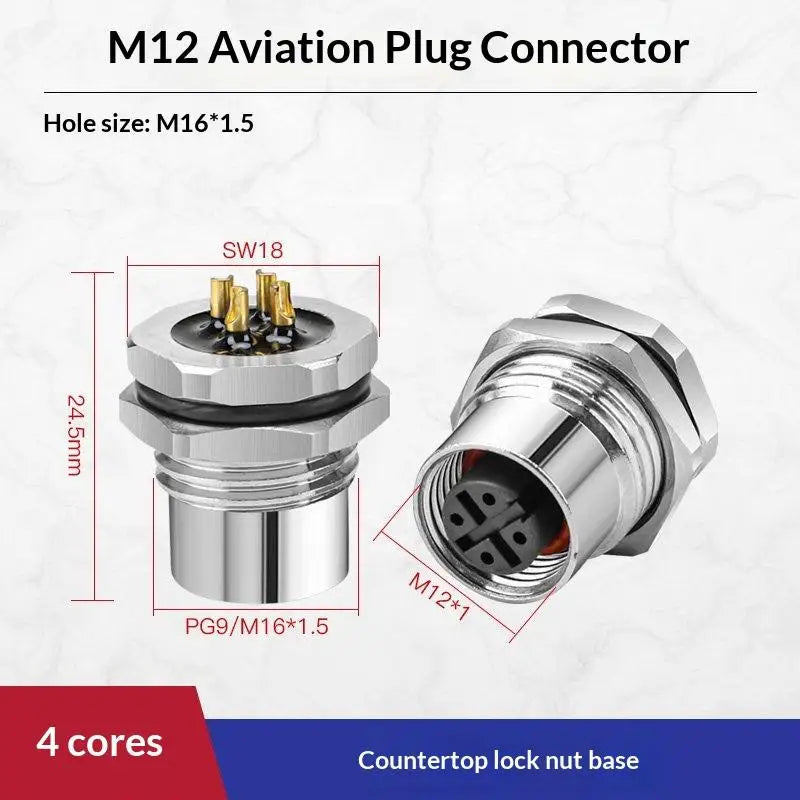 M12 IP67 Waterproof Connector 4/5/8 Pin Panel Socket 22AWG Wire Industrial Connector Richie's Front 4P F