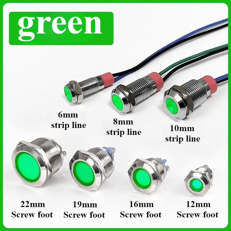 Metal LED Indicator Signal Lamp IP65 Waterproof 3–220V Multi-Size LED Indicator Lamp Richie's green 110V-220V 22mm Screw foot