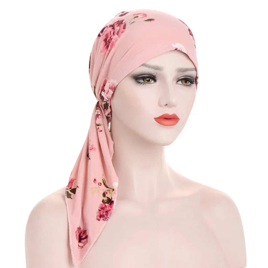 Women's Printed Pre-Tied Turban Cap Hijab Headscarf Bandana Turban Headscarf Cap Richie's powder flower