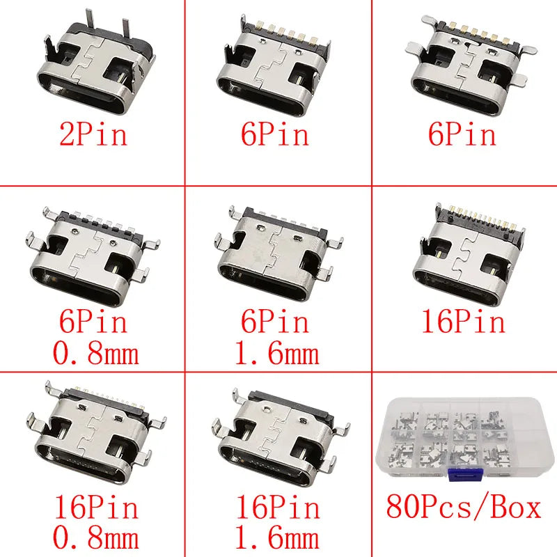 USB Type-C Female Connector Box – 2/6/16 Pin SMD PCB Sockets USB-C Connector Kit Richie's