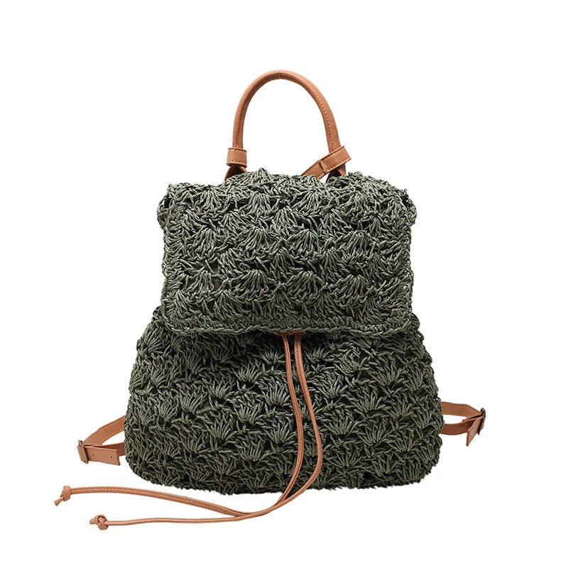 Women's Woven Straw Rattan Backpack | Boho Beach Rucksack Woven Straw Backpack Richie's green 30x12x34cm