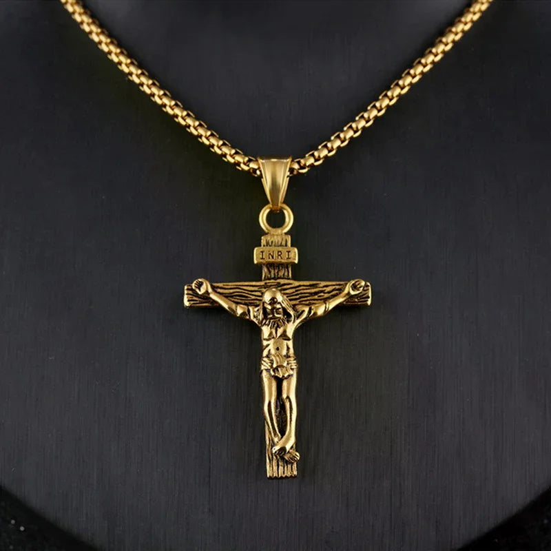Sacred Crucifix Cross Pendant Necklace – Gold & Silver Steel Cross Pendant Necklace Richie's