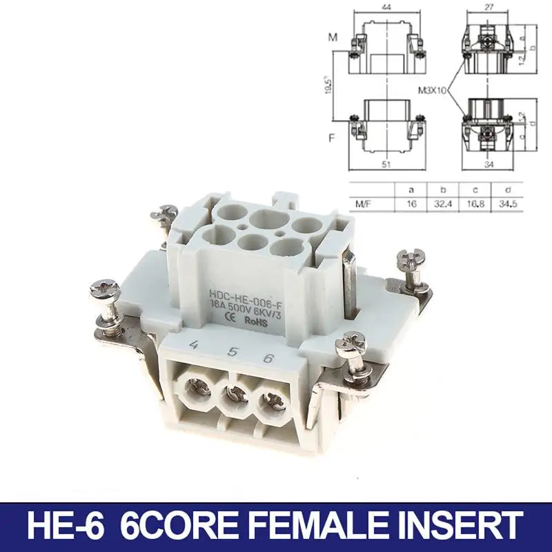 HDC-HE Heavy Duty Connector 6–24 Core 16A 500V Aviation Plug Industrial Connector Insert Richie's 6P Female