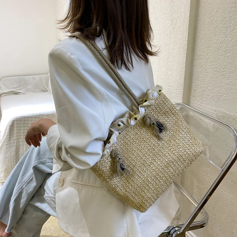 Women's Woven Straw Shoulder Bag – Large Capacity Summer Tote Woven Shoulder Bag Richie's
