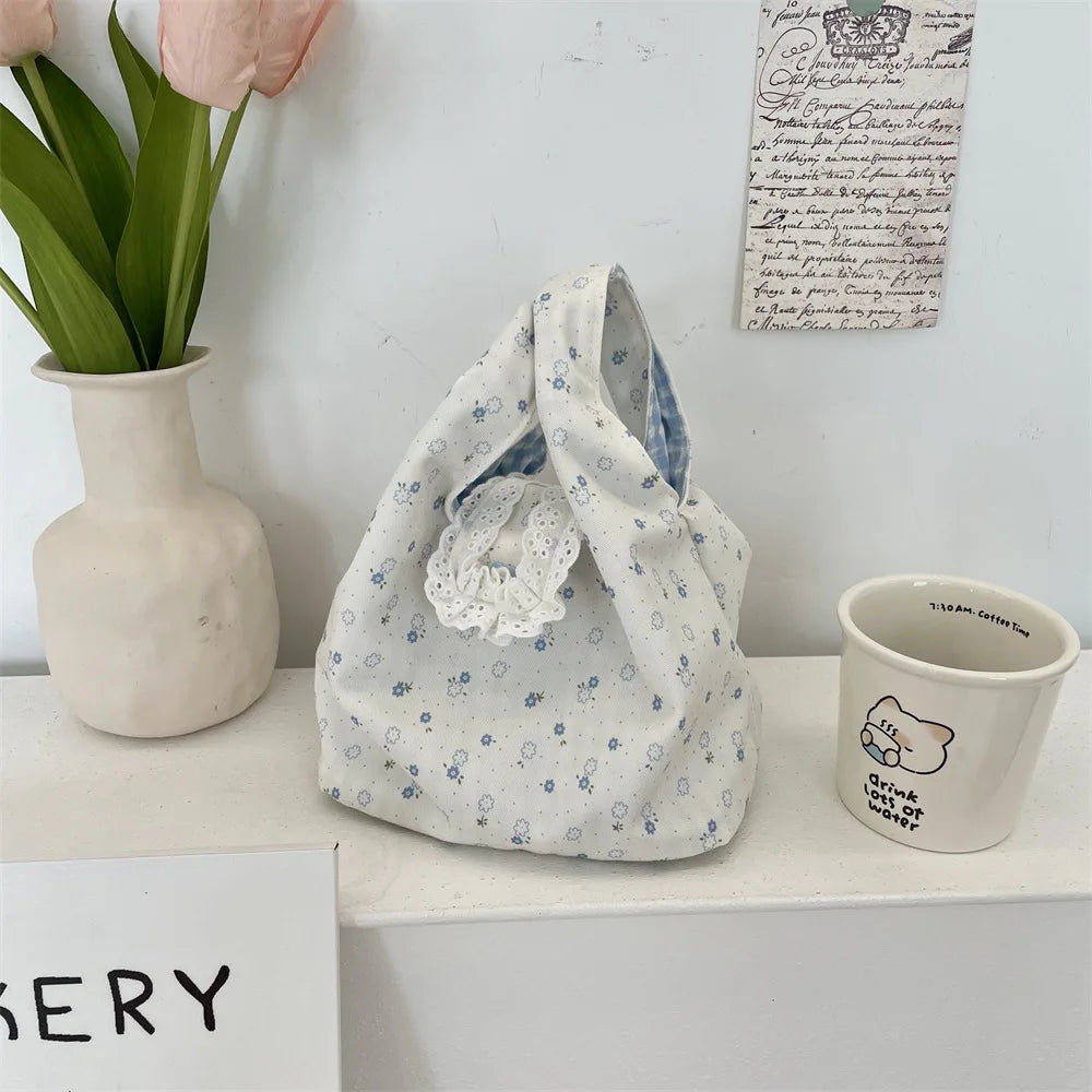 Floral Wrist Bag Women Tote Shoulder Handbag Korean Style Tote Shoulder Bag Richie's White
