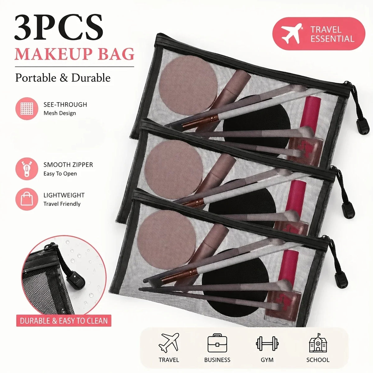 3-Pack Mesh Organizer Bags – Travel, Cosmetic & Pencil Pouch Mesh Organizer Pouch Richie's
