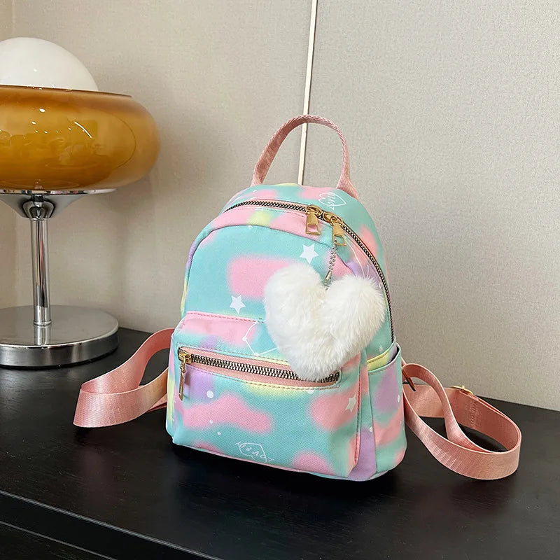 Mini Nylon Backpack for Women – Cute Multicolor Bag & Heart Pendant Mini Backpack Richie's Green Pink