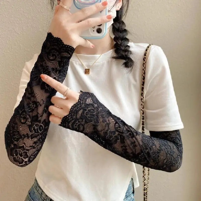 Women's Ice Silk Lace Arm Sleeves UV Fingerless Driving Gloves Arm Sleeves Richie's