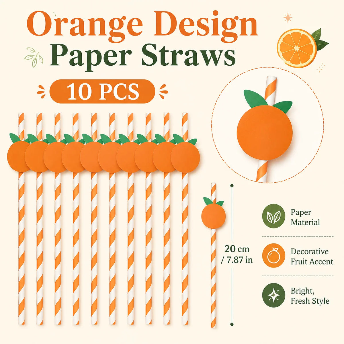 Orange White Striped Paper Straws – Summer Fruit Party Decor Disposable Paper Straws Richie's 10pcs