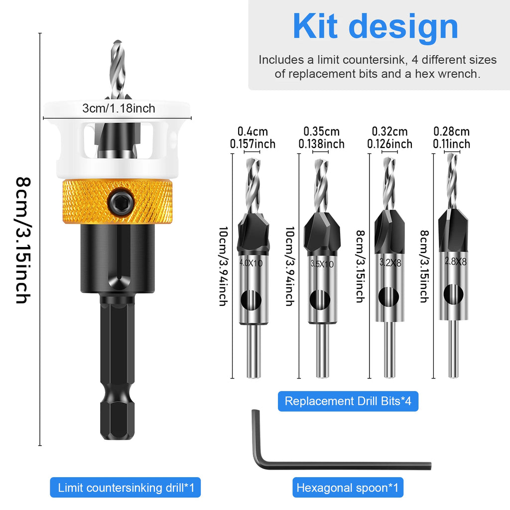 Countersink Drill Bit Set – 4 Sizes, Alloy, Depth Stop Countersink Drill Set Richie's 1 set