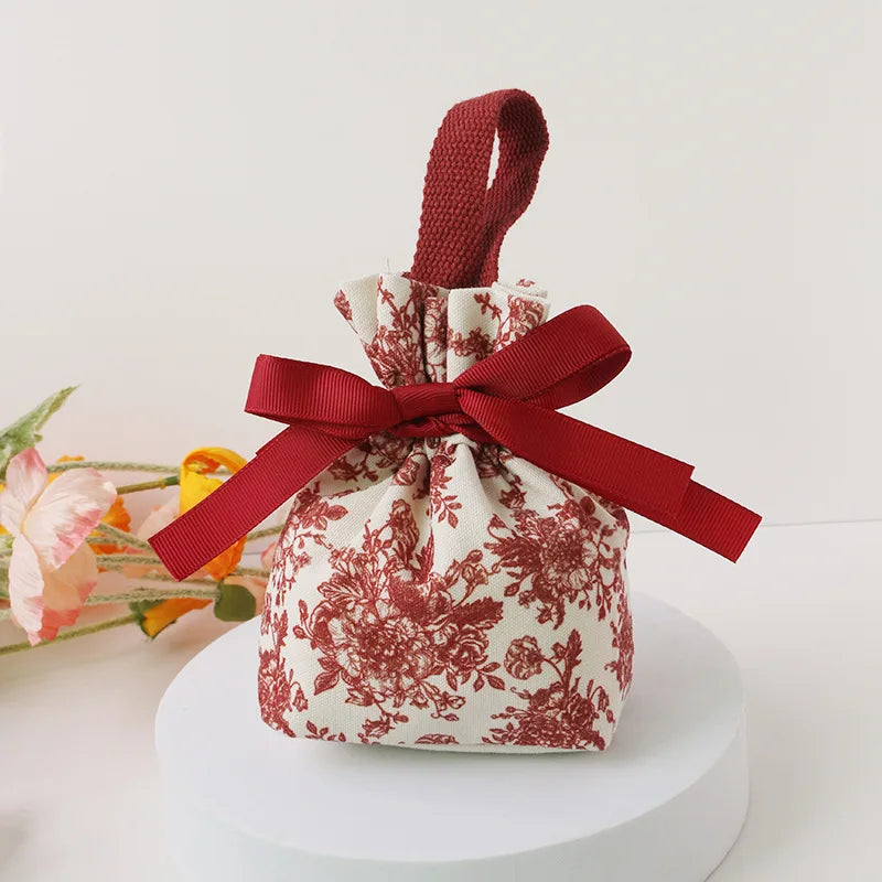 Red Floral Drawstring Gift Bag – Reusable Canvas Pouch Gift Bag Pouch Richie's