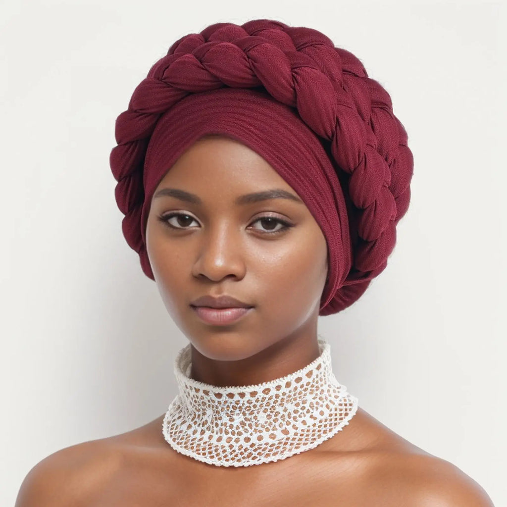 Double Braid Halo Turban Cap – African Headwrap for Women Turban Headwrap Richie's wine red