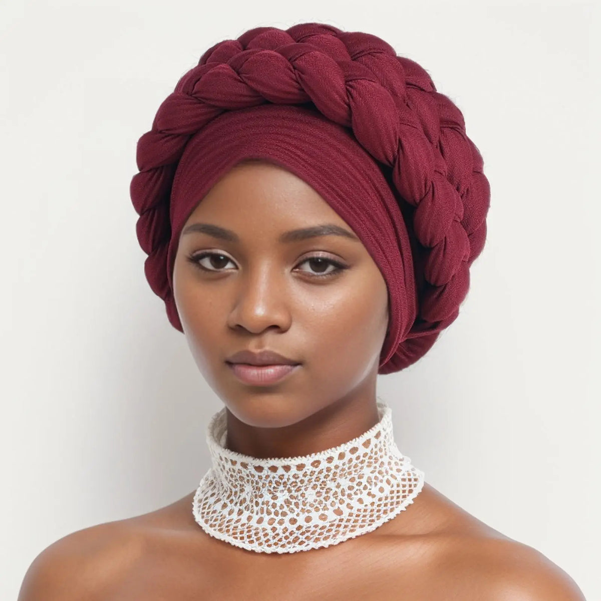 Double Braid Halo Turban Cap – African Headwrap for Women Turban Headwrap Richie's wine red