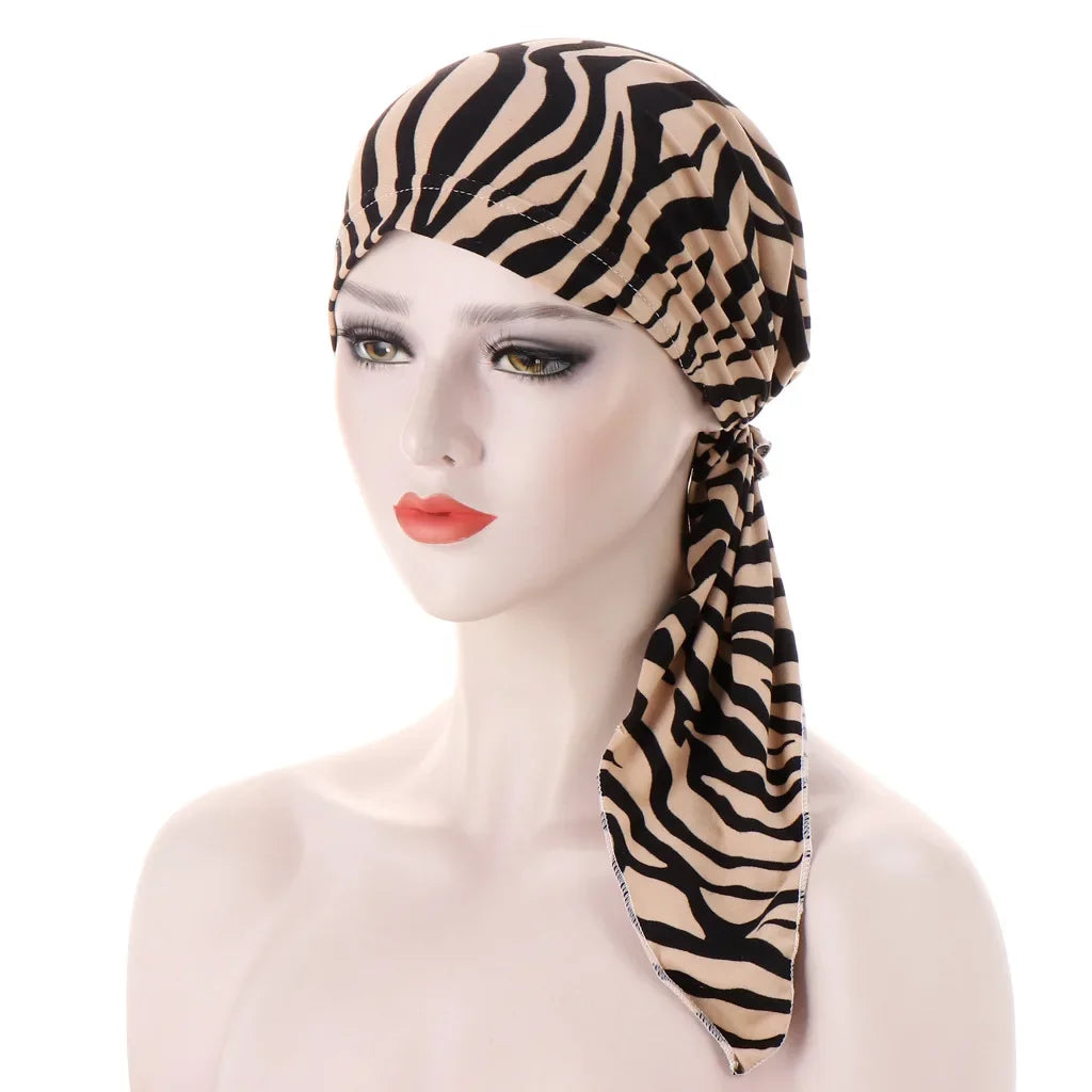 Women's Printed Pre-Tied Turban Cap Hijab Headscarf Bandana Turban Headscarf Cap Richie's khaki zebra print