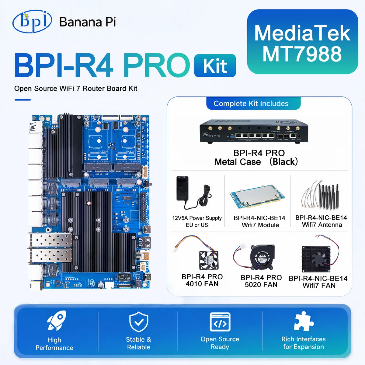 Banana Pi BPI-R4 PRO Router Board Set MT7988A Wi-Fi 7 8GB Router Board Kit Richie's US Power 4GB RAM SET 3