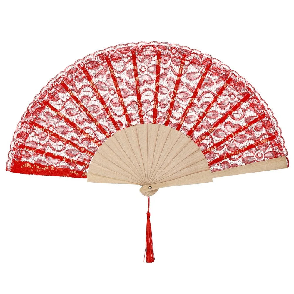 Vintage Chinese Folding Fan Lace Flower Tassel Pendant Wood Folding Hand Fan Richie's Red