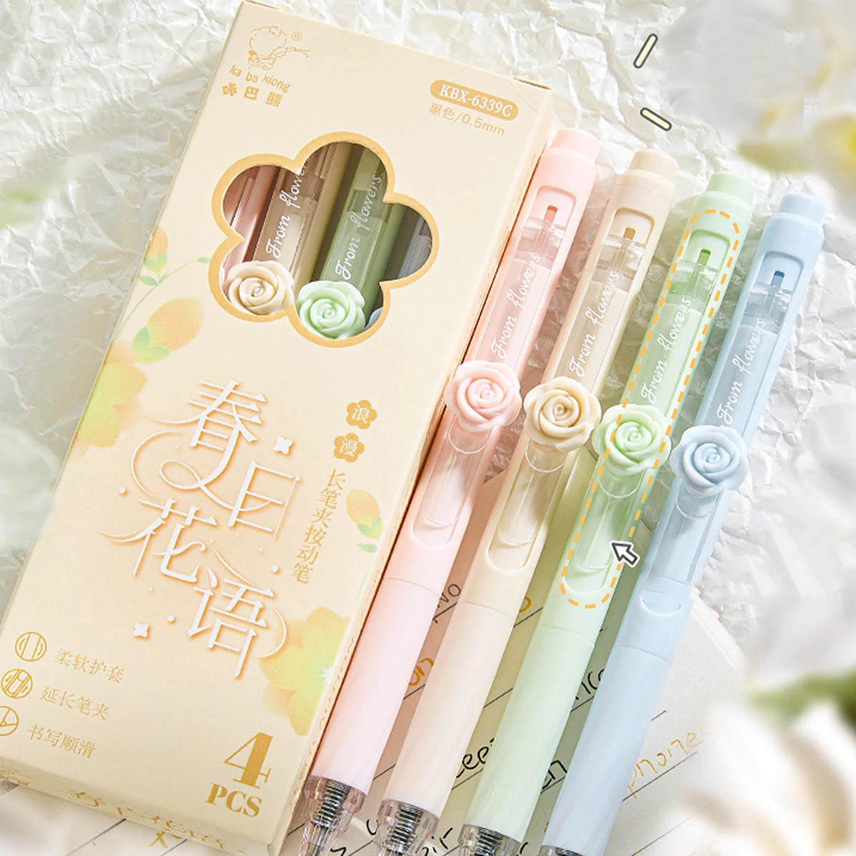 4Pcs Floral Rose Gel Pens 0.5mm Black Ink Pastel School & Office Gel Pen Set Richie's black
