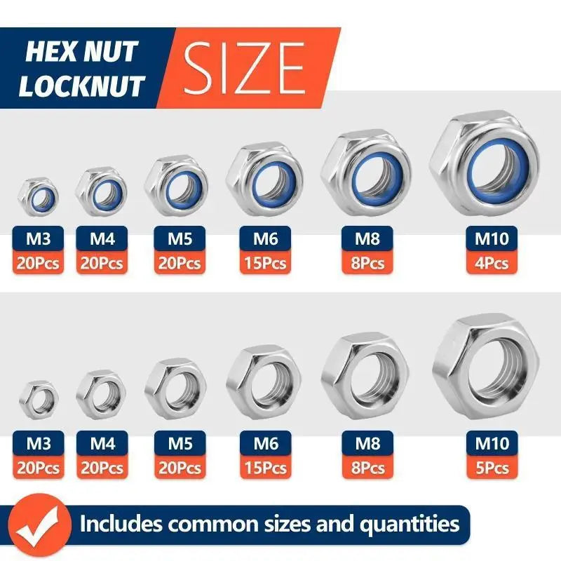 175Pcs M3–M10 Carbon Steel Hex Lock Nut Assortment Kit Hex Lock Nut Kit Richie's