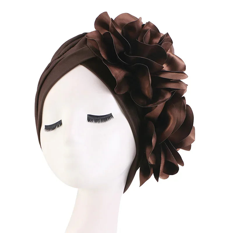 Women's Muslim Hijab Cap Flower Turban Bonnet – 11 Colors Hijab Turban Cap Richie's dark coffee One Size