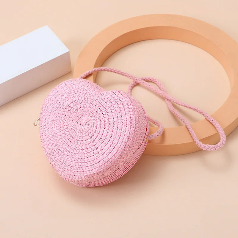 Woven Straw Crossbody Bag & Heart Coin Purse – Kids Beach Bag Woven Crossbody Bag Richie's pink 11x11x6cm