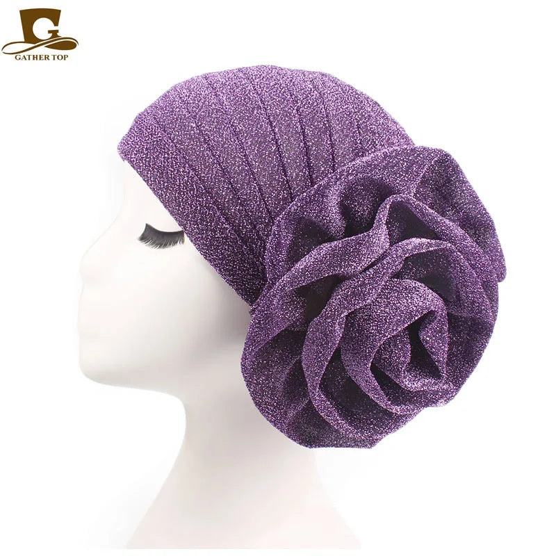 Women Pleated Flower Turban Hat Stretch Hijab Cap Head Wrap Turban Hijab Cap Richie's Purple