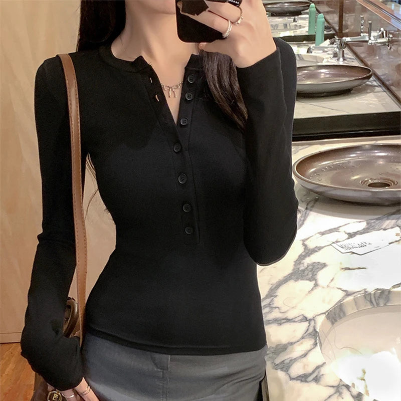 Women's Button Long Sleeve Slim Fit T-Shirt – Solid Casual Tee Women's Long Sleeve Tee Richie's