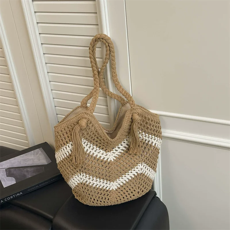Hollow Flower Woven Cotton Tote Bag – Women's Beach Shoulder Bag Woven Tote Bag Richie's Khaki