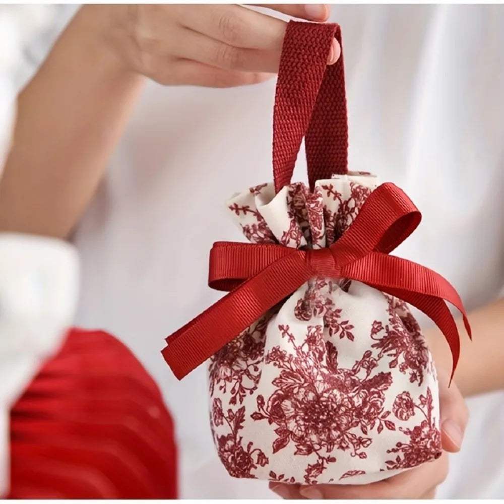 Red Floral Drawstring Gift Bag – Reusable Canvas Pouch Gift Bag Pouch Richie's