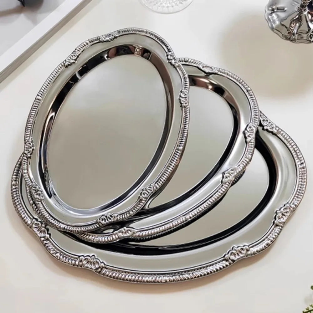 Vintage Embossed Silver Oval Tray – Metal Snack & Dessert Plate Metal Serving Tray Richie's