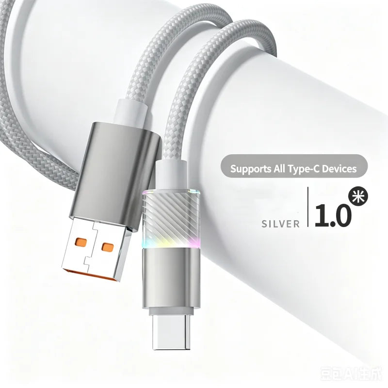 100W Fast Charging Braided USB-A to USB-C Cable 0.3m USB Charging Cable Richie's Silver 1m