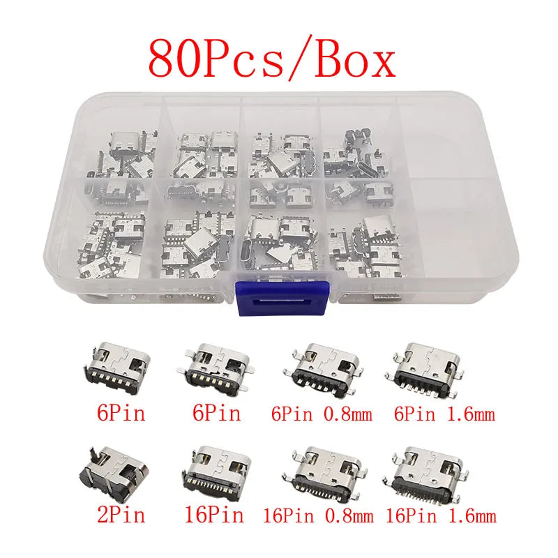 USB Type-C Female Connector Box – 2/6/16 Pin SMD PCB Sockets USB-C Connector Kit Richie's 80Pcs Box