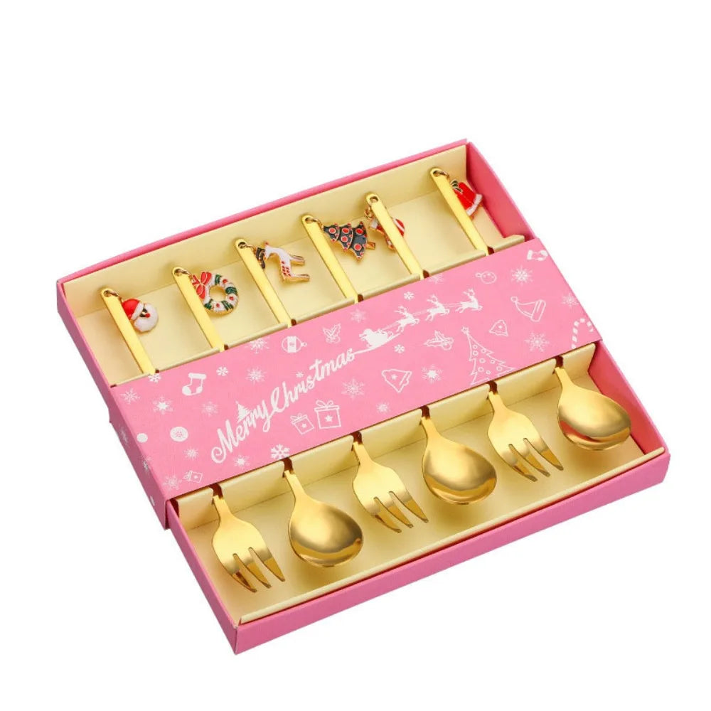 Christmas Stainless Steel Spoon Set with Holiday Pendants Holiday Spoon Set Richie's gold spoon fork