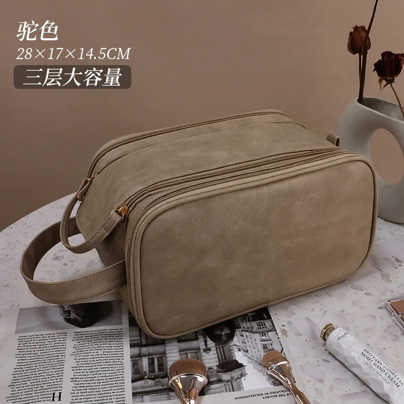 PU Leather Makeup Bag Large Capacity Double Zipper Travel Organizer Makeup Travel Bag Richie's brown