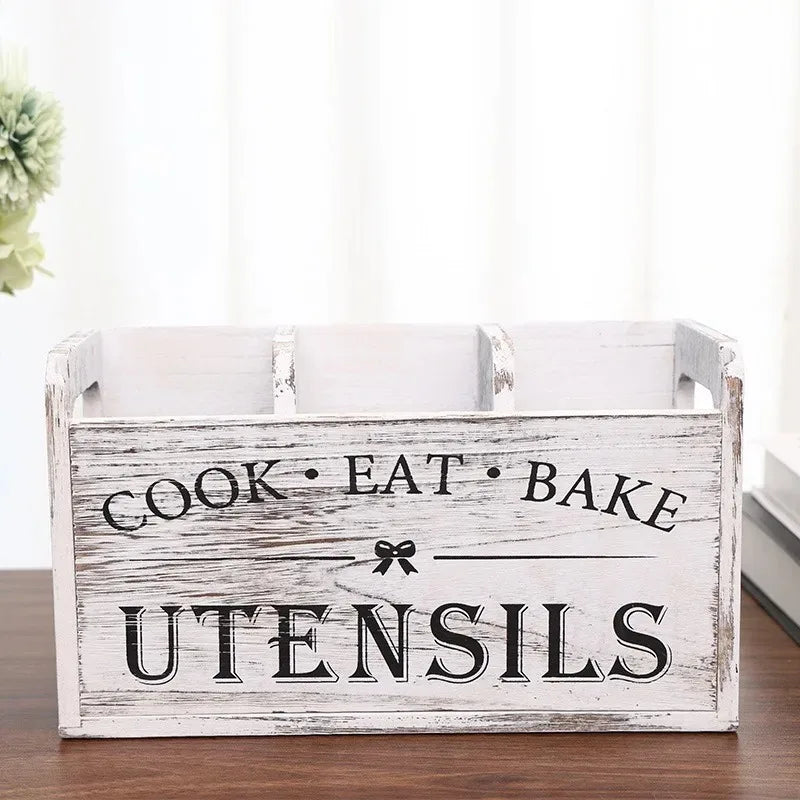 Rustic Wooden Kitchen Utensil Holder – 3-Compartment Organizer Utensil Holder Richie's 1pc Old White