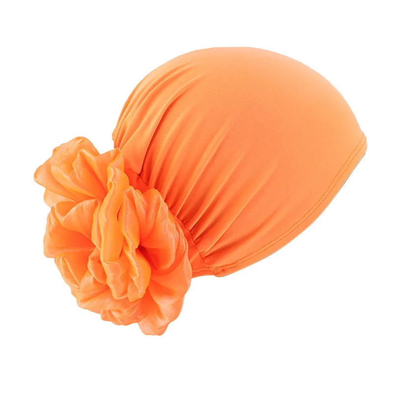 Women's Elastic Turban Cap Flower Hijab Headscarf Beanie Turban Head Wrap Richie's orange