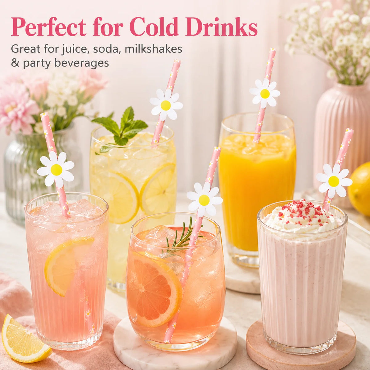 10 Pink Chrysanthemum Paper Straws – Decorative Disposable Decorative Paper Straws Richie's