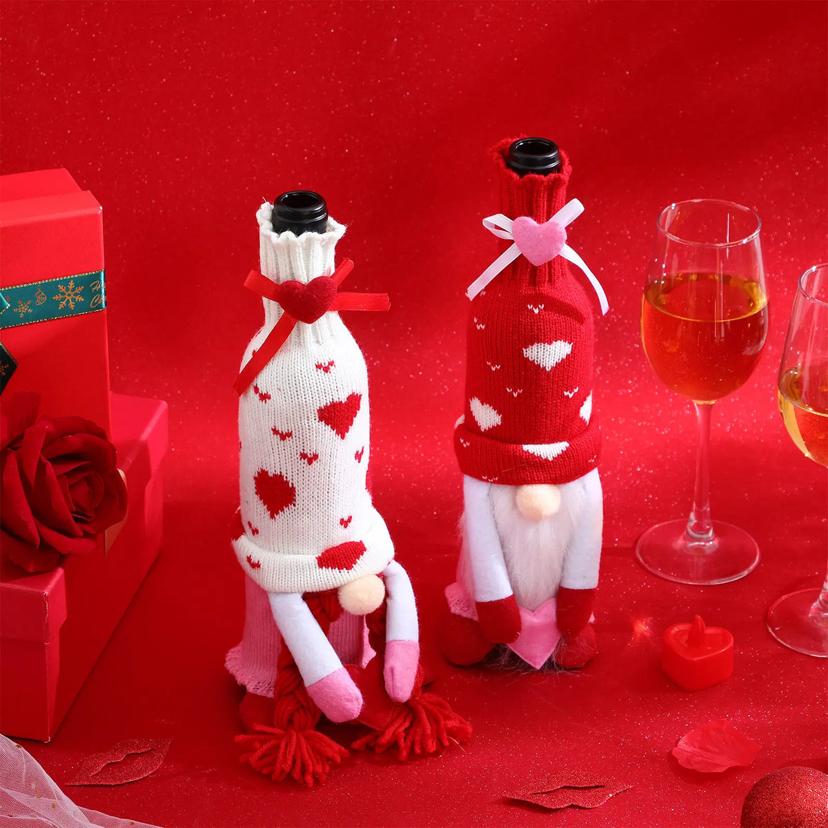 2Pcs Rudolph Couple Wine Bottle Sleeves – Reusable Gift Covers Wine Bottle Covers Richie's