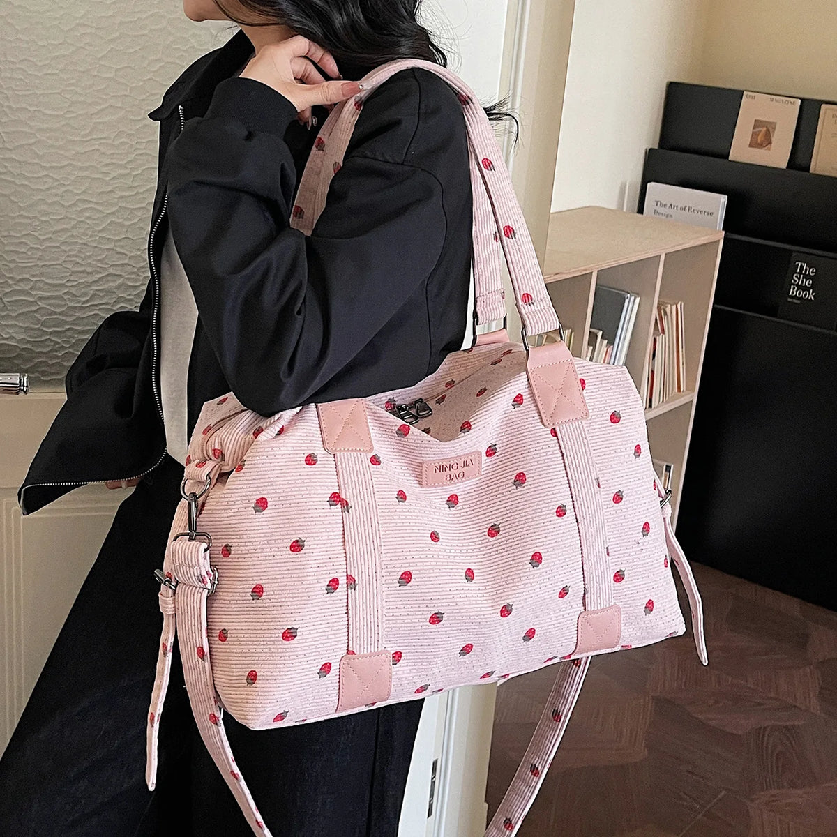 Strawberry Corduroy Travel Bag – Large Crossbody Duffel Travel Duffel Bag Richie's