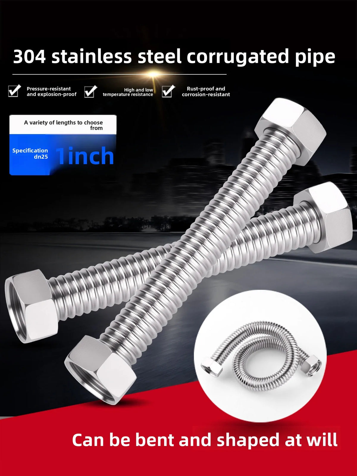 1" 304 Stainless Steel Bellows Metal Hose | High-Pressure Threaded Metal Bellows Hose Richie's