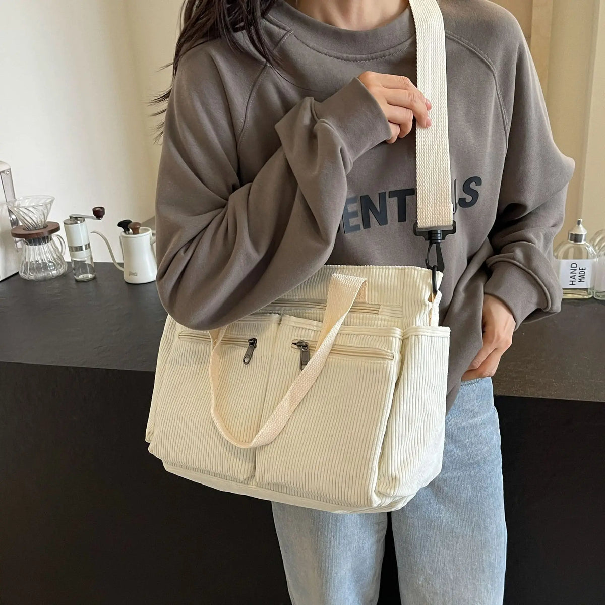 Large Capacity Corduroy Tote Bag | Korean Style Shoulder Bag Corduroy Tote Bag Richie's