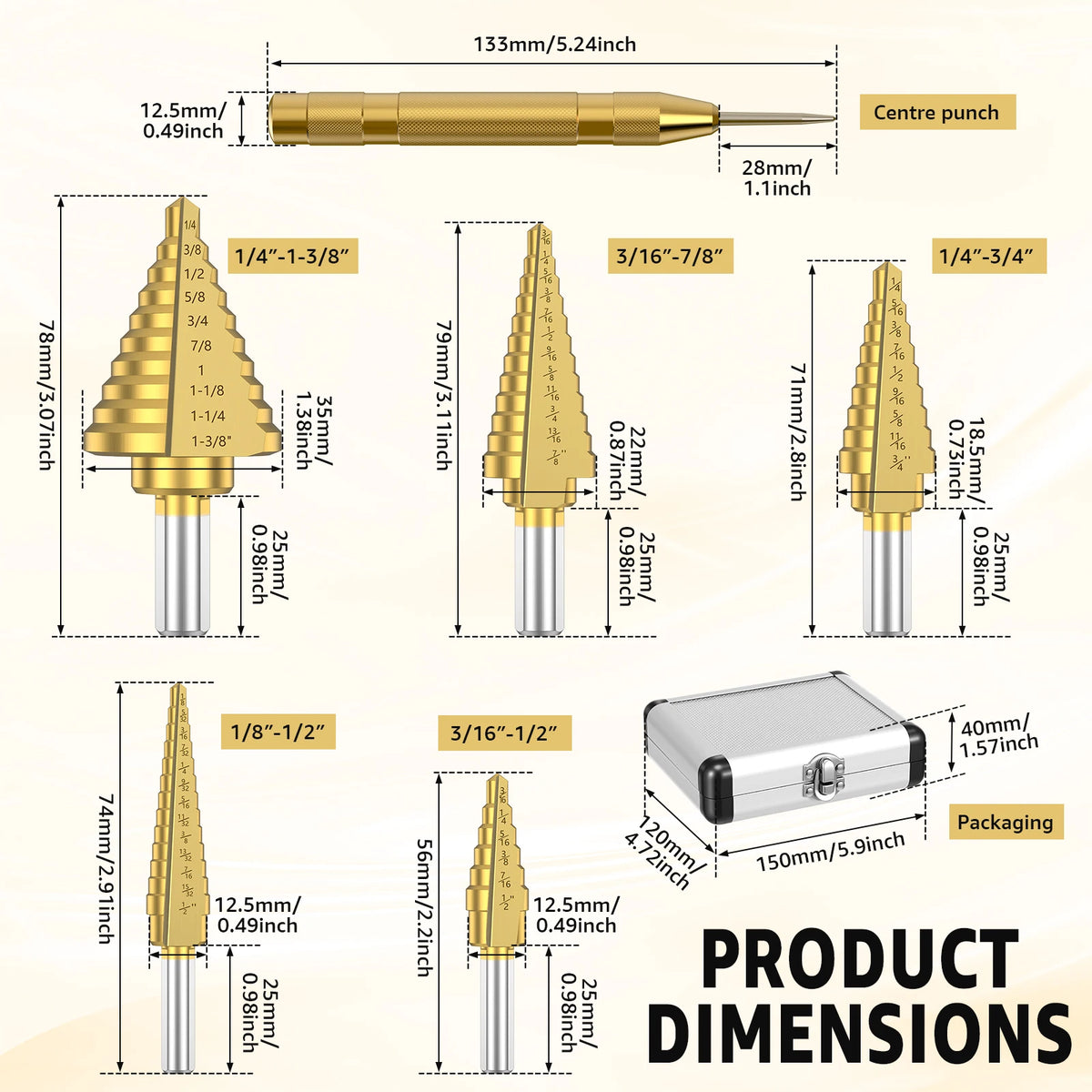 Titanium HSS Step Drill Bit Set – 50 Sizes & Aluminum Case Step Drill Bit Set Richie's set A 6PCS