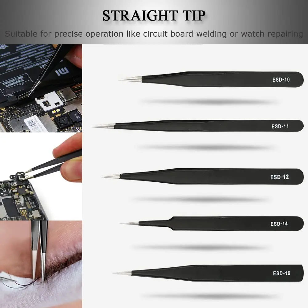 ESD Stainless Steel Precision Tweezers Anti-Static Set 6/10Pcs Precision Tweezers Set Richie's