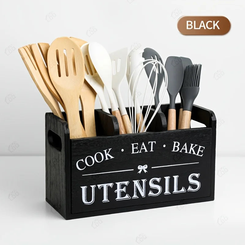 Rustic Wooden Kitchen Utensil Holder – 3-Compartment Organizer Utensil Holder Richie's