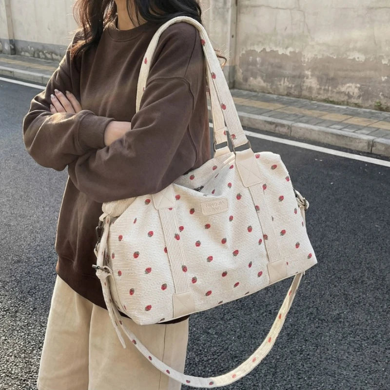 Strawberry Corduroy Travel Bag – Large Crossbody Duffel Travel Duffel Bag Richie's