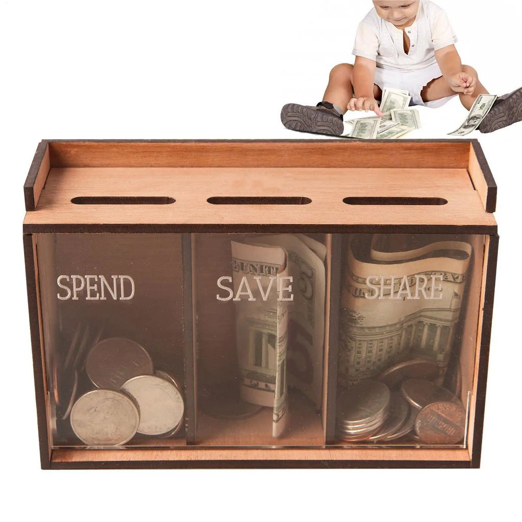 Wooden 3-Compartment Coin Bank Box with Removable Lid Wooden Coin Bank Richie's Default Title