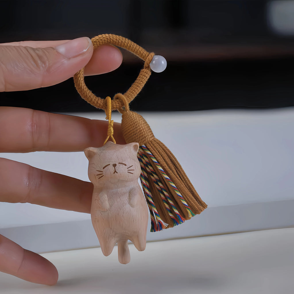 Handcrafted Wooden Lucky Cat Pendant – Bag & Key Charm Wooden Charm Pendant Richie's Khaki 1pc